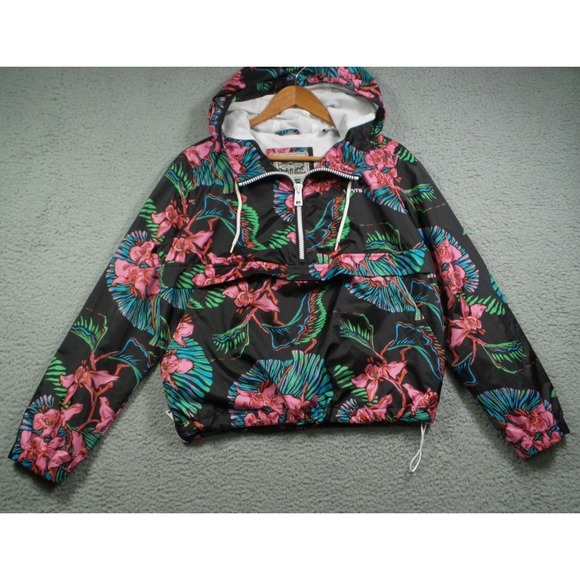Levi's Jackets & Blazers - Levis Jacket Womens Size Medium Black Floral Pullover 1/4 Zip Hooded Windbreaker